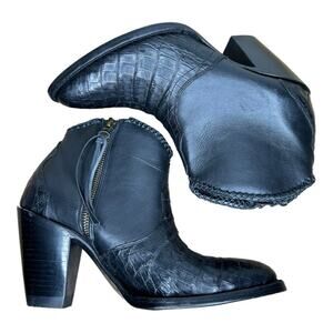 Allens Boots Black Goat Leather Reptile Cowboy Boots Bootie Size 8